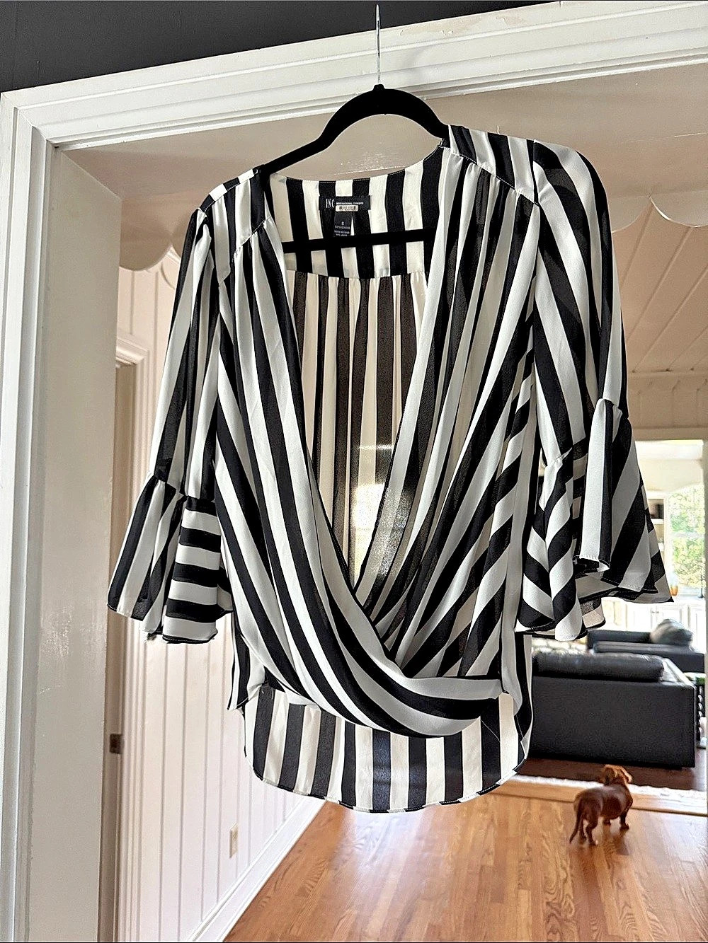 International Concepts Striped Wrap Blouse in Black & White Size Small Like New